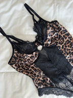 Saten Leopar Dantel Bodysuit