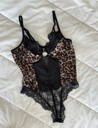 Saten Leopar Dantel Bodysuit