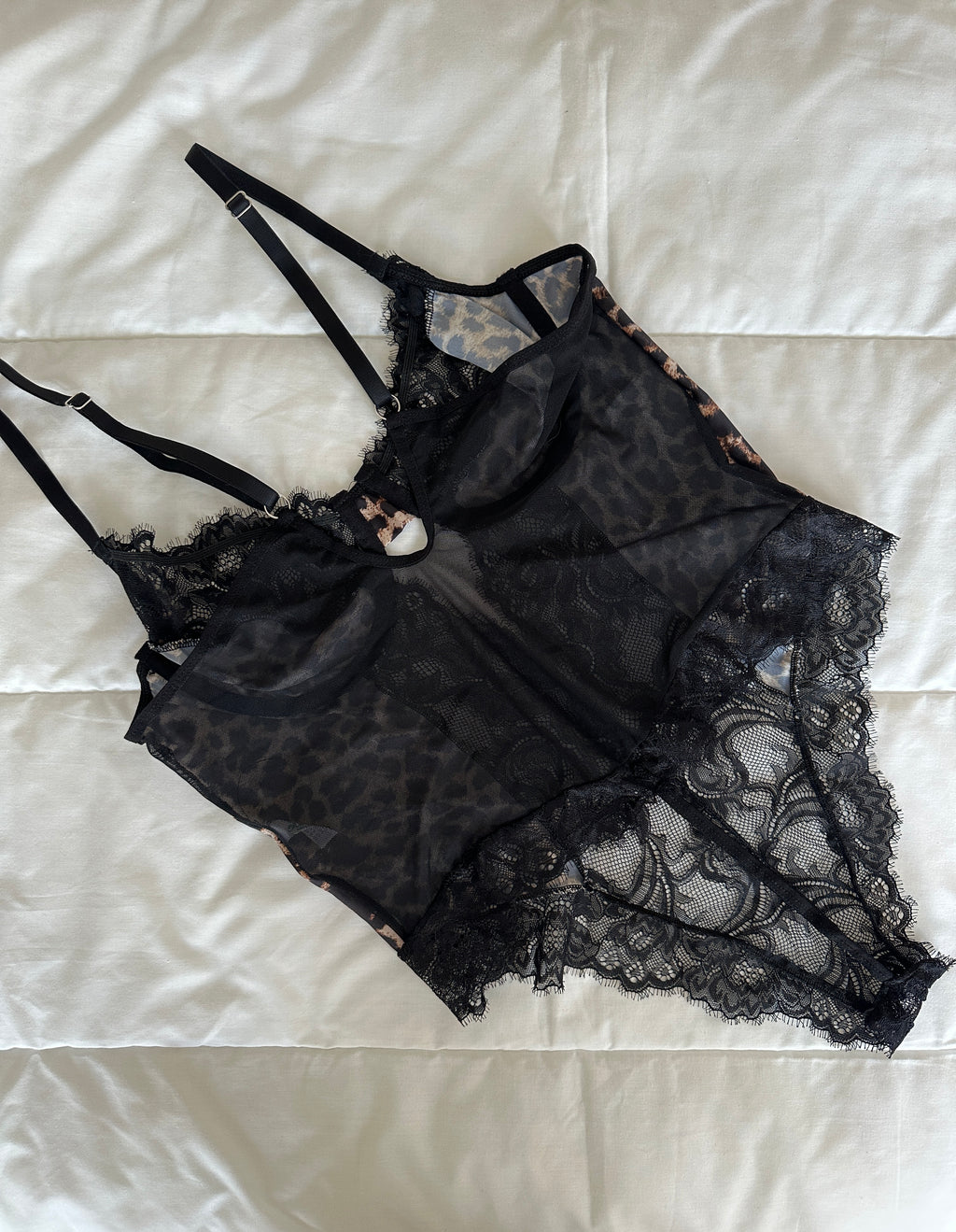 Saten Leopar Dantel Bodysuit