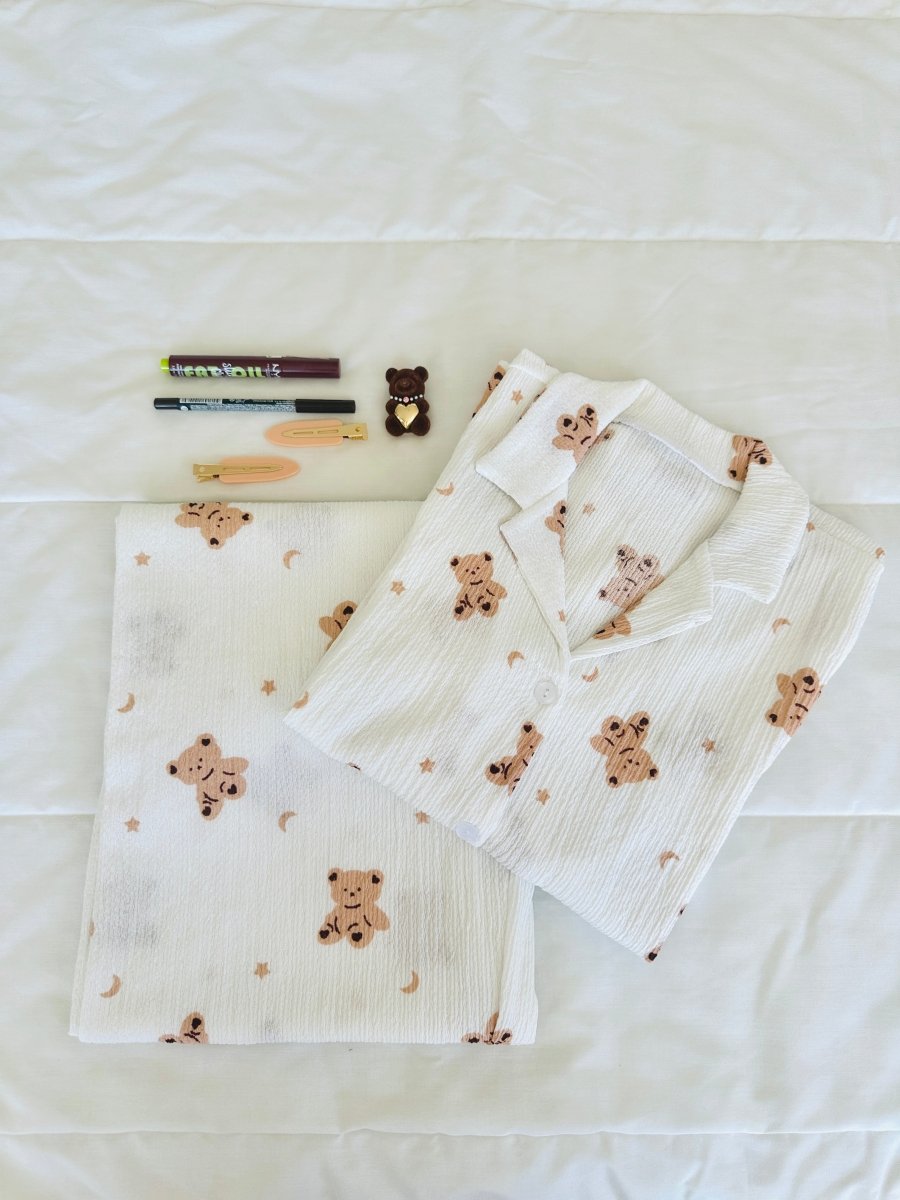 Beyaz Ayıcıklı Bürümcük Pijama Takımı - Feruz Design