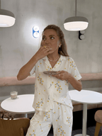 Beyaz Çiçek Desenli Bürümcük Pijama Takımı - Feruz Design