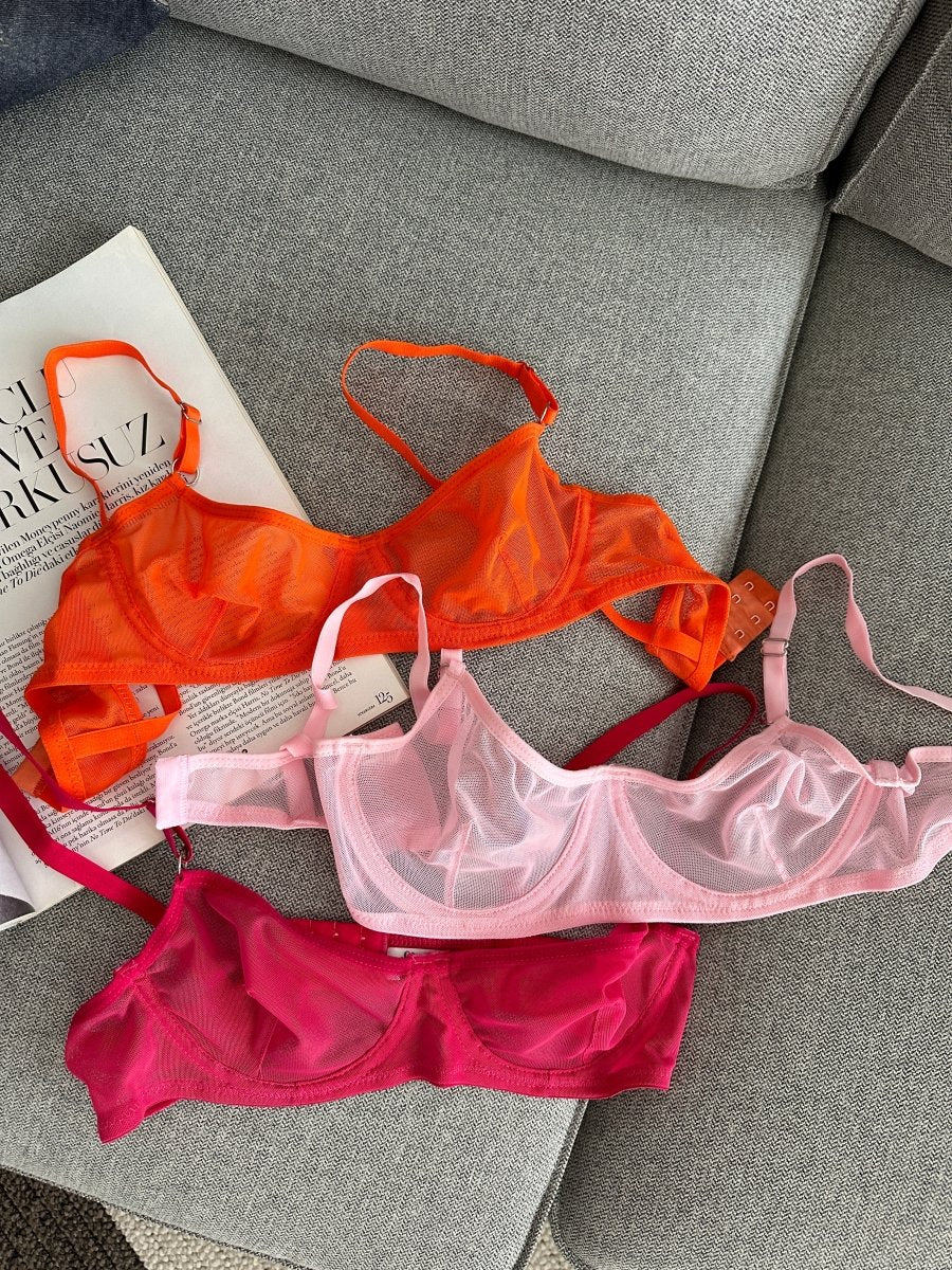 Crina Pembe Balenli Tül Sütyen Takımı - Feruz Design