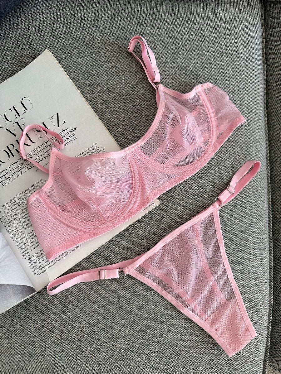 Crina Pembe Balenli Tül Sütyen Takımı - Feruz Design