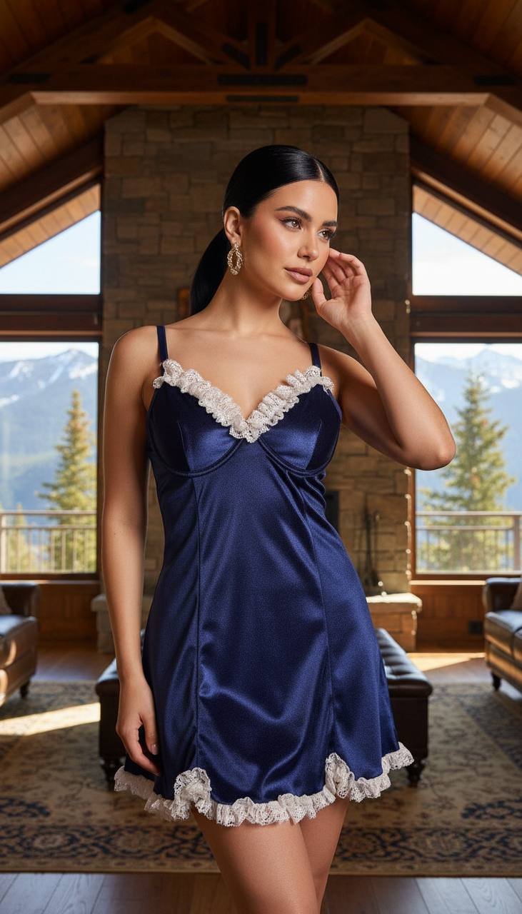 Amélie Vintage Lacivert Kadife Gecelik