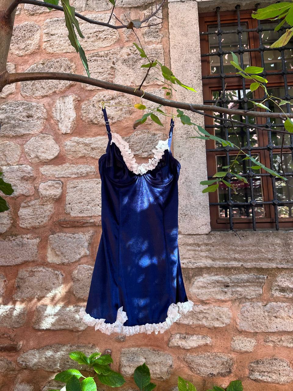 Amélie Vintage Lacivert Kadife Gecelik